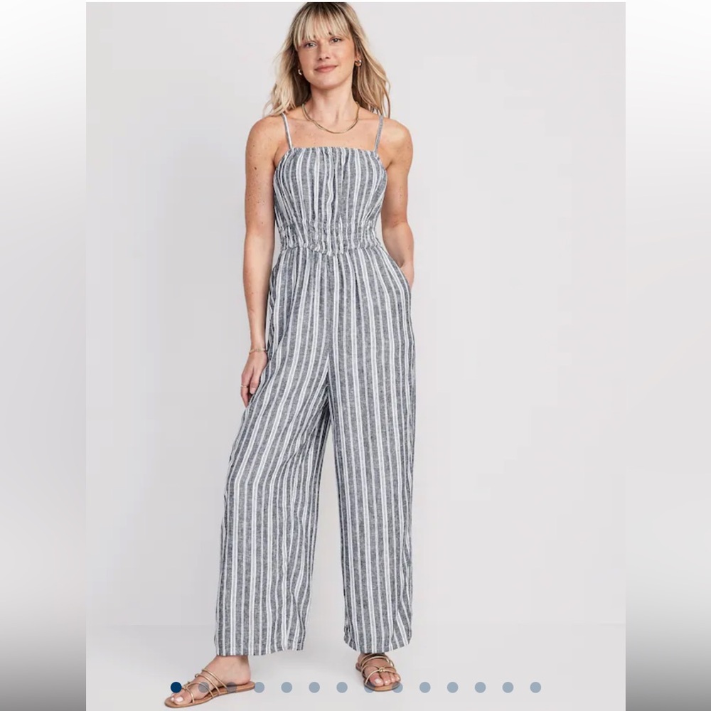 NWT Old Navy Striped Linen-Blend Smocked Wide-Leg Jumpsuit - Small Tall